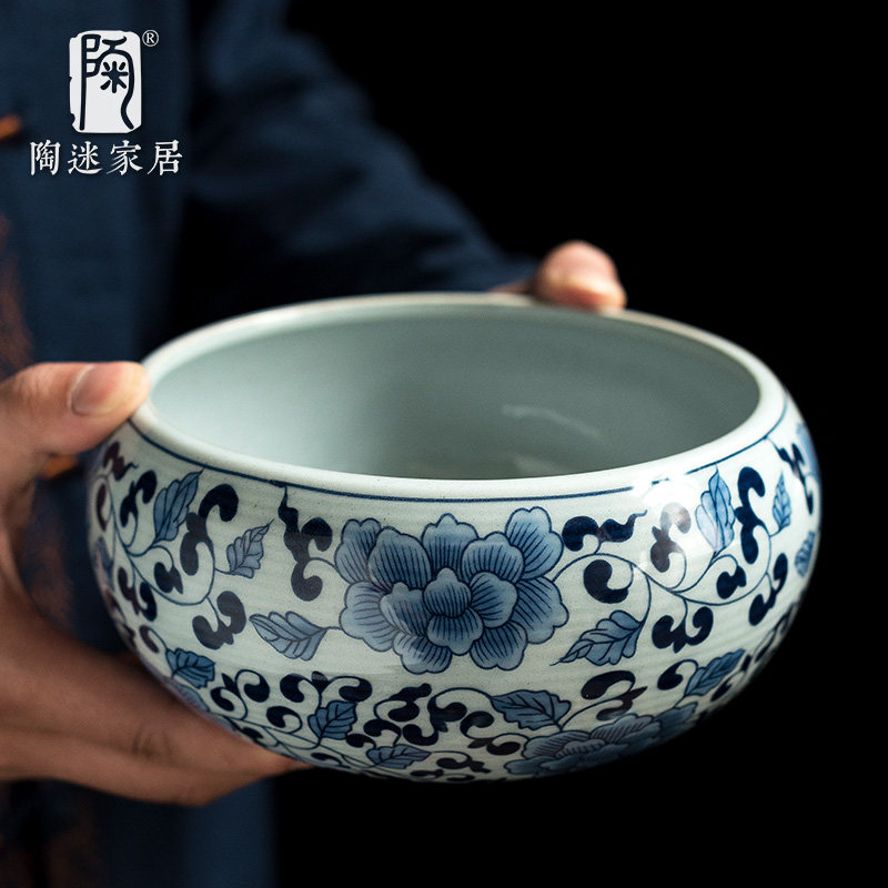陶迷青花瓷茶洗缠枝莲功夫茶具装号陶瓷茶海笔洗培养花