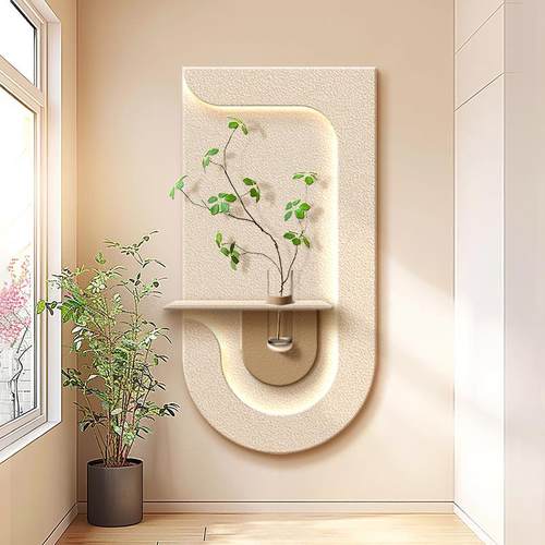 水培绿植奶油风玄关装饰画砂岩立体入户走廊过道挂画墙壁灯画