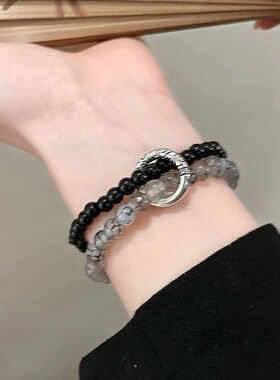 新中式黑色双层叠戴水墨平安扣手链轻奢小众设计冷淡风情侣手饰