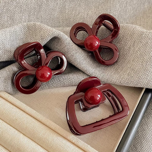 安可拉红法式抓夹小半扎发后脑勺盘发女士复古流行简约2024秋冬