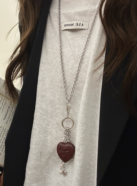 复古木质爱心天使吊坠可拆卸项链女小众长款毛衣链卫衣链包包挂饰