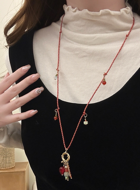 中古vintage爱心串珠流苏编绳项链女复古时尚小众独特气质毛衣链