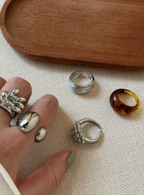 复古琥珀椭圆指环女小众高级感烟花流苏戒指时尚气质百搭食指戒潮