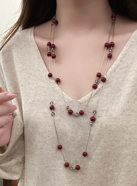 复古安可拉红水晶串珠双层叠戴项链女轻奢时髦精致高级感长毛衣链