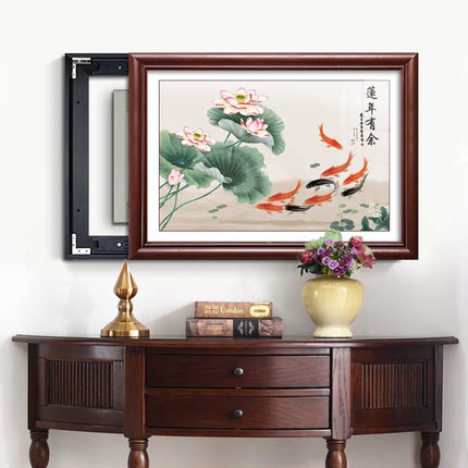新中式九鱼图电表箱装饰画2025新款免打孔餐厅配电箱遮挡挂画推拉