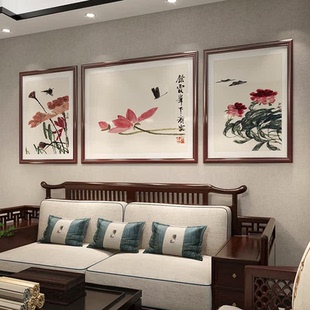 沙發(fā)背景墻三聯(lián)掛畫2025新款 壁畫荷花國畫 飾畫新中式 齊白石客廳裝