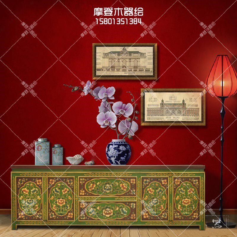 藏式彩绘电视柜复古实木客厅柜边柜中式地柜矮柜简约现代中式家具