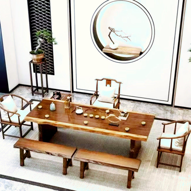 新中式家用原木泡茶台禅意功夫泡茶桌茶盘一体实木大板茶桌椅组合