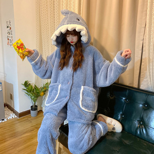 珊瑚绒睡衣女冬季加厚加绒保暖套装学生可爱卡通毛绒绒秋冬家居服