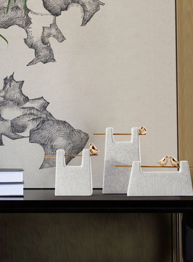 新中式陶瓷摆件铜鸟工艺品酒店样板房间客厅玄关书柜软装饰品摆设