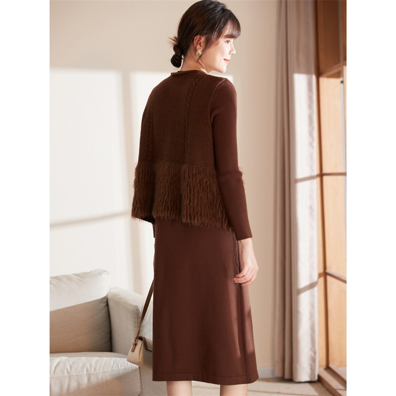 喜卉妈妈冬装新款连衣裙两件套中老年女装秋冬针织打底裙套装裙子