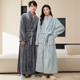 冬季男士睡袍情侣睡衣珊瑚绒加厚加绒浴袍女秋冬长版法兰绒家居服