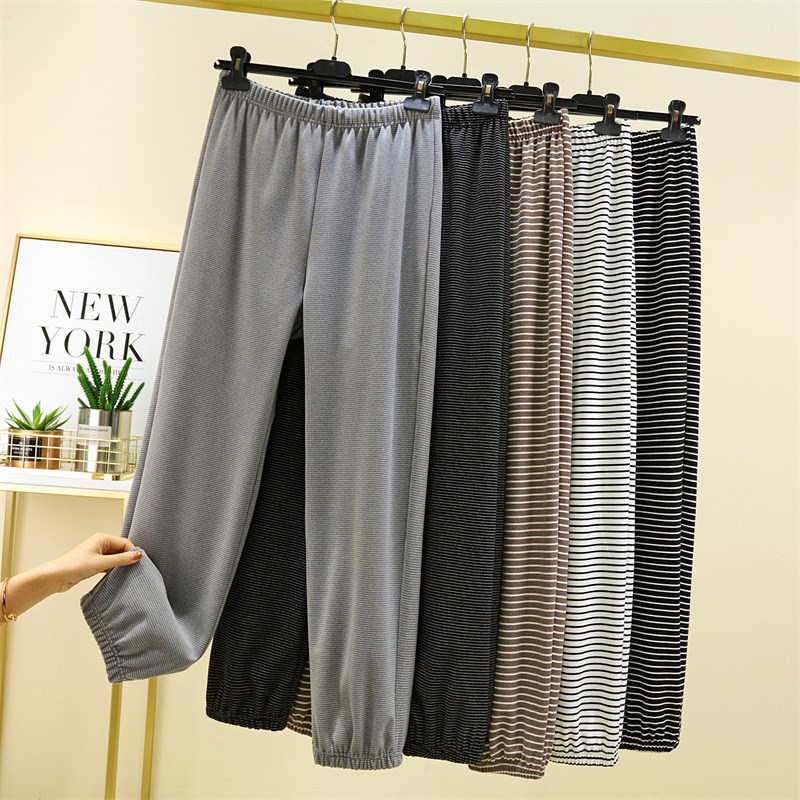 秋冬德绒黑白条纹休闲裤百搭外穿长裤宽松加厚睡裤女士高腰束脚裤