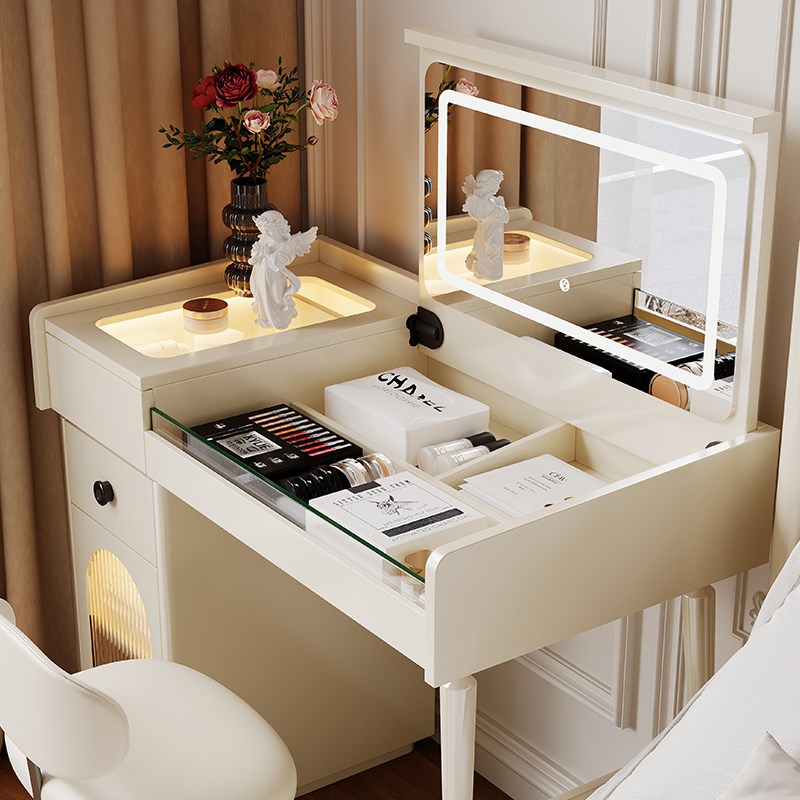 法式奶油风翻盖梳妆台收纳柜一体带锁实木二合一书桌化妆桌隐藏镜