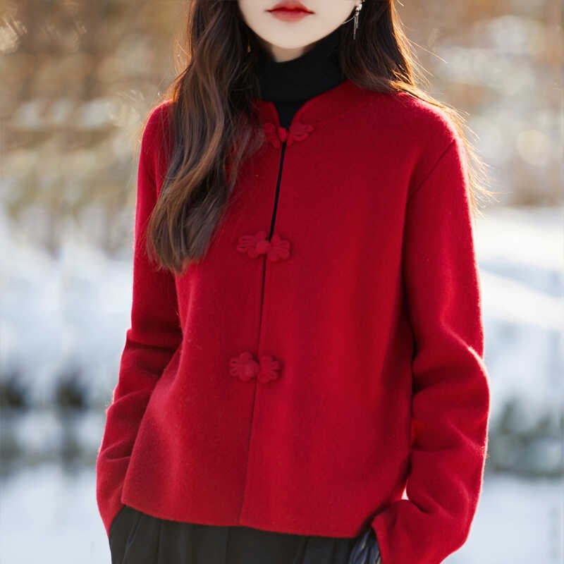 国风新中式精纺羊毛开衫女士立领盘扣长袖外套毛衣宽松羊毛衫上衣