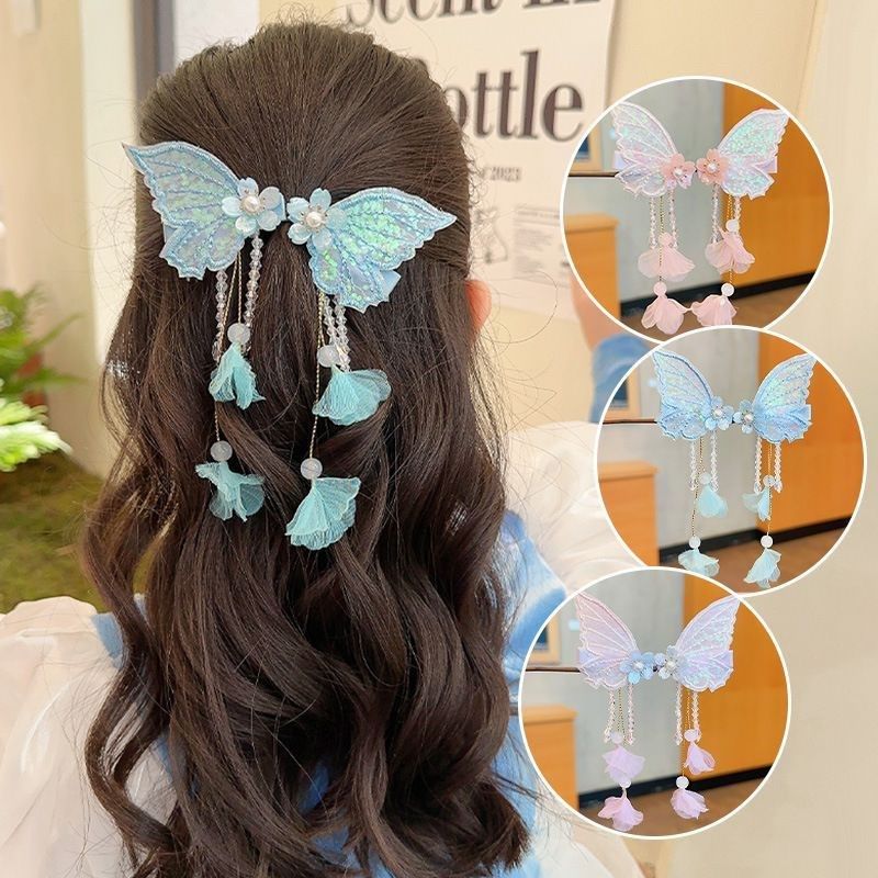 女童古风天使翅膀对夹汉服裙子搭配精美蝴蝶花朵流苏侧边夹头发饰,童装/婴儿装/亲子装,发饰,淘宝优惠券,粉丝福利购,淘宝优惠卷
