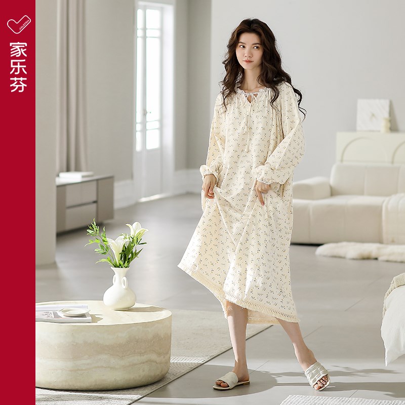 家乐芬睡裙女士睡衣春秋款秋季纯棉长袖家居服女公主风甜美连衣裙