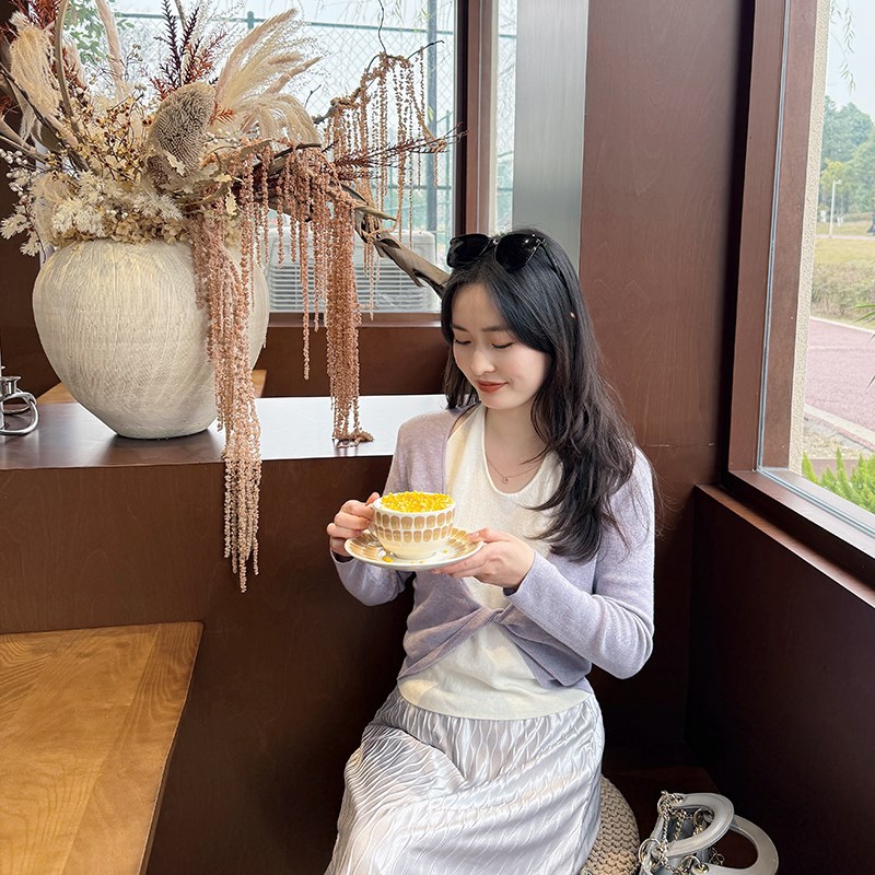 【143-155小个子专属】收腰淡紫色拼白色挂脖针织上衣修身套头衫