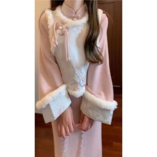 冬款新中式国风唐装优雅套装粉色立领加绒旗袍裙马甲叠穿两件套女