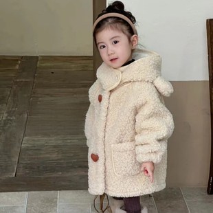 女童加绒外套秋冬2023新款小童连帽长款加厚洋气女宝宝保暖毛毛衣