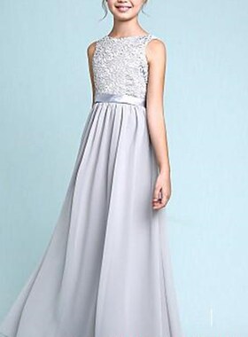 2020新款银灰色六一儿童礼服古筝钢琴表主持礼服长款蕾丝连衣裙春