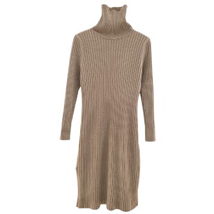 针织连衣裙女秋冬新款 收腰显瘦开叉外穿毛衣长裙 高领裙子2021新款