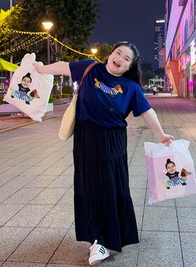 【福饮沸别】大码甜酷黑色高腰半身裙夏遮胯小个子a字长裙D501