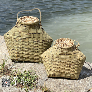 鱼篓手工竹编制品捕鱼抓虾竹笼带盖子采茶大号竹筐手提竹篮子装饰