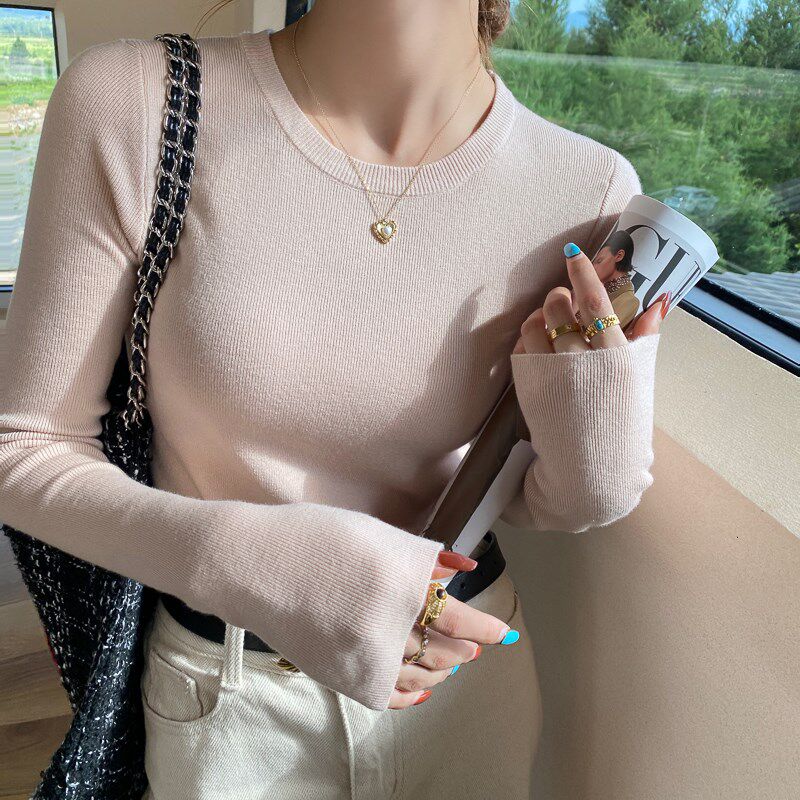 灰色圆领长袖打底衫女内搭2024春秋新款薄款毛衣修身百搭针织上衣