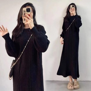 秋冬新款高级感针织长裙女胖mm大码宽松配大衣加厚打底鱼尾连衣裙