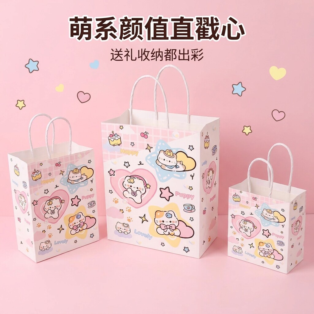牛皮纸手提袋可爱卡通礼品袋礼物袋饰品零食打包袋小号纸袋包装袋