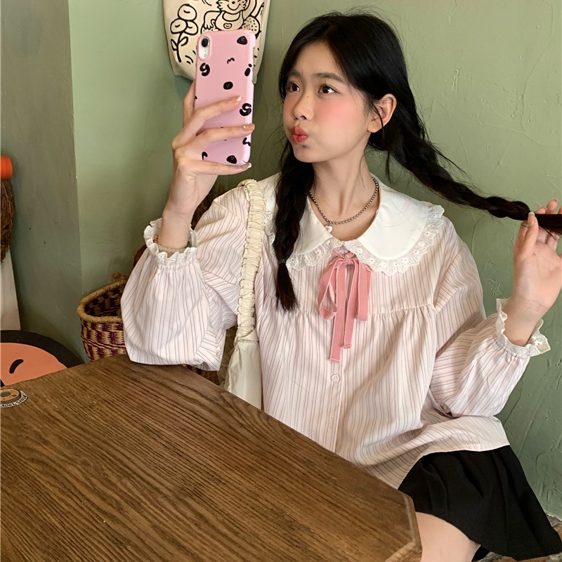 拼接系带长袖娃娃领条纹衬衫女秋季2023新款宽松休闲百搭气质上衣