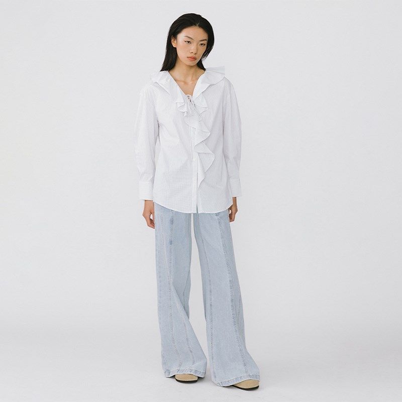 CUBIC松弛感大阔腿宽松款明线拼接设计高腰长款阔腿牛仔裤