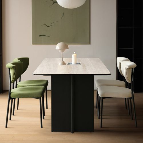 吉诺威 法式复古风餐桌极简长方形铝合金诧静风拿铁洞石岩板餐桌