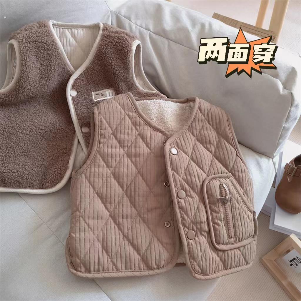 秋冬款男女童韩版加厚保暖双面坎肩儿童覆古百搭羊羔绒两面穿马甲