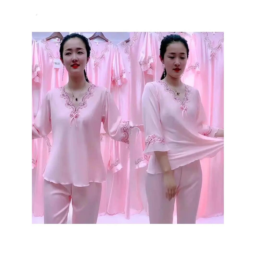 可爱睡衣女夏宽松大码蕾丝花边冰丝裤子两件套家居服性感休闲套装