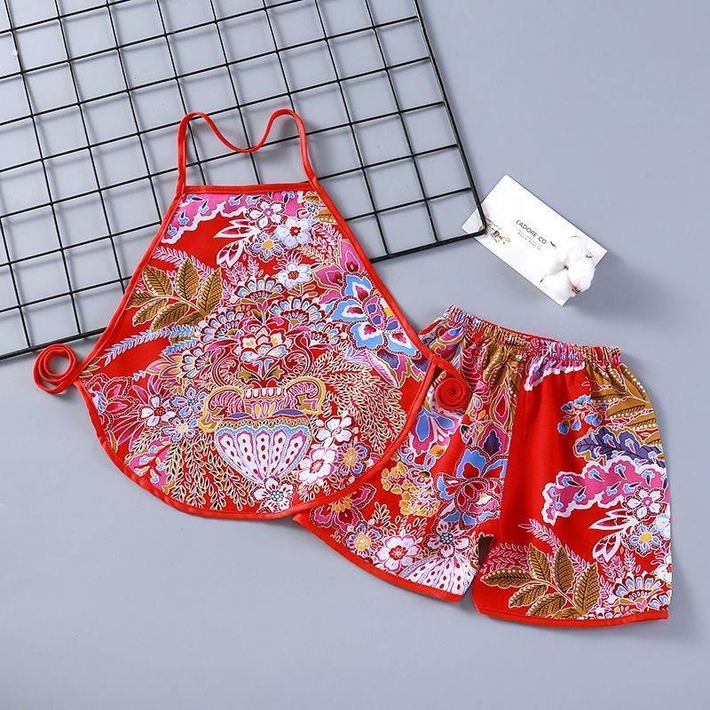 东北大花夏季凉爽肚兜短裤套装中国风童装婴儿睡衣中国风儿童节表