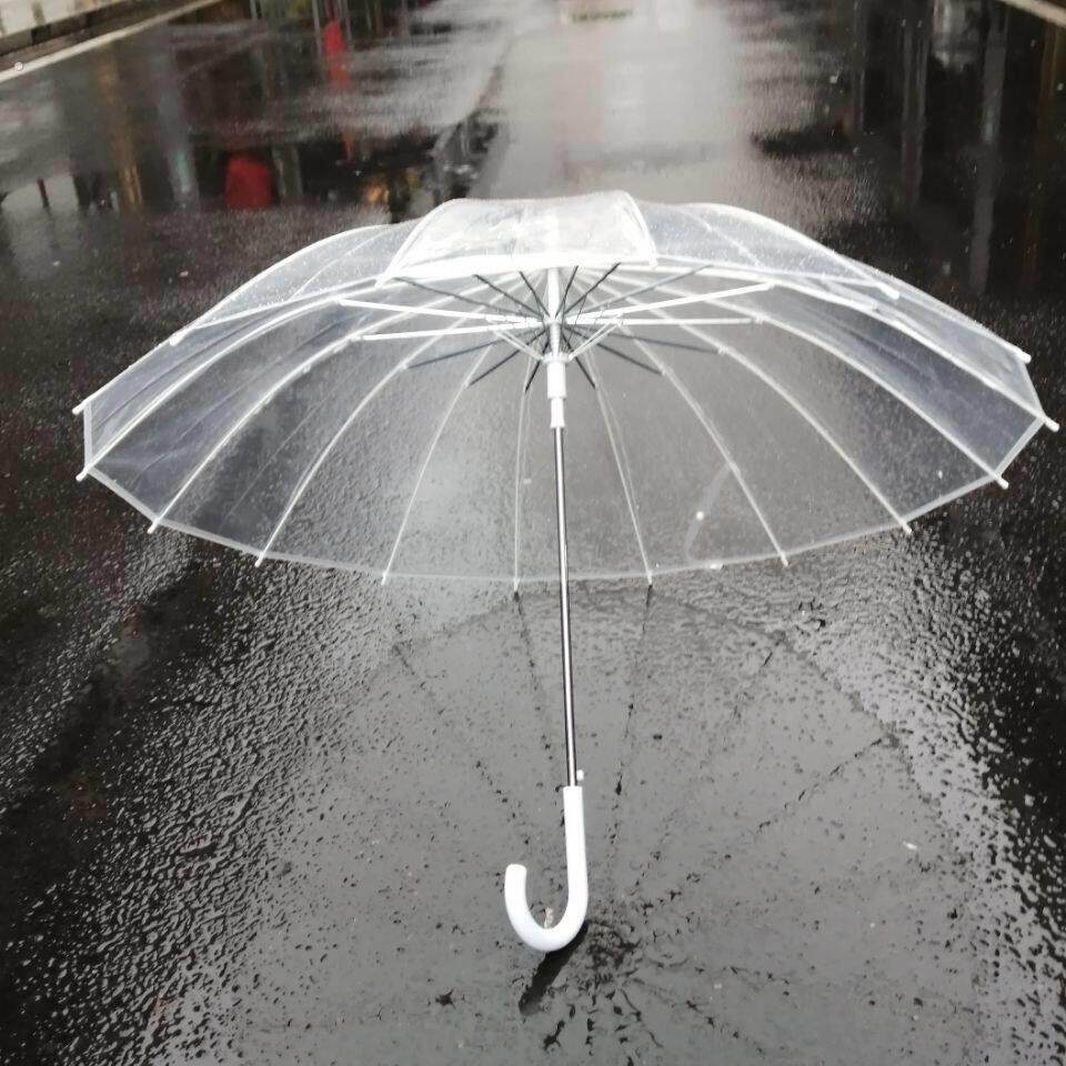 16骨网红复古透明雨伞长柄透明伞自动伞白色纤维骨架耐用雨伞