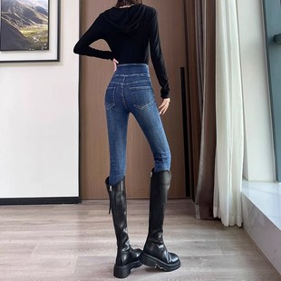 收腹提臀弹力铅笔裤 超高腰三排扣牛仔裤 修身 新款 子 女紧身小脚秋季