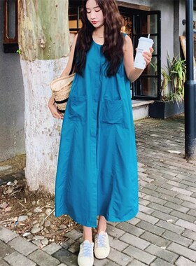 夏季纯棉无袖连衣裙女宽松大码bf风休闲学生过膝长款圆领打底长裙