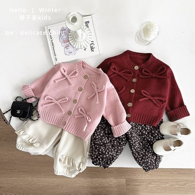 女童秋冬款针织开衫外套甜美小女孩洋气蝴蝶结红色毛衣百搭毛线衣