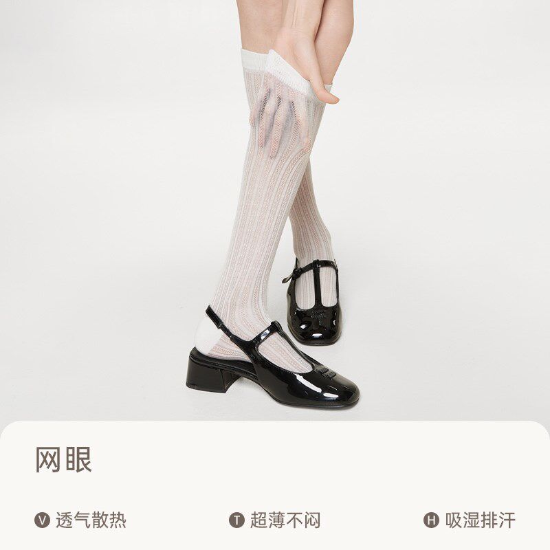小腿袜子女夏季薄款无骨堆堆袜白色jk及膝长筒袜网眼透气夏天黑色