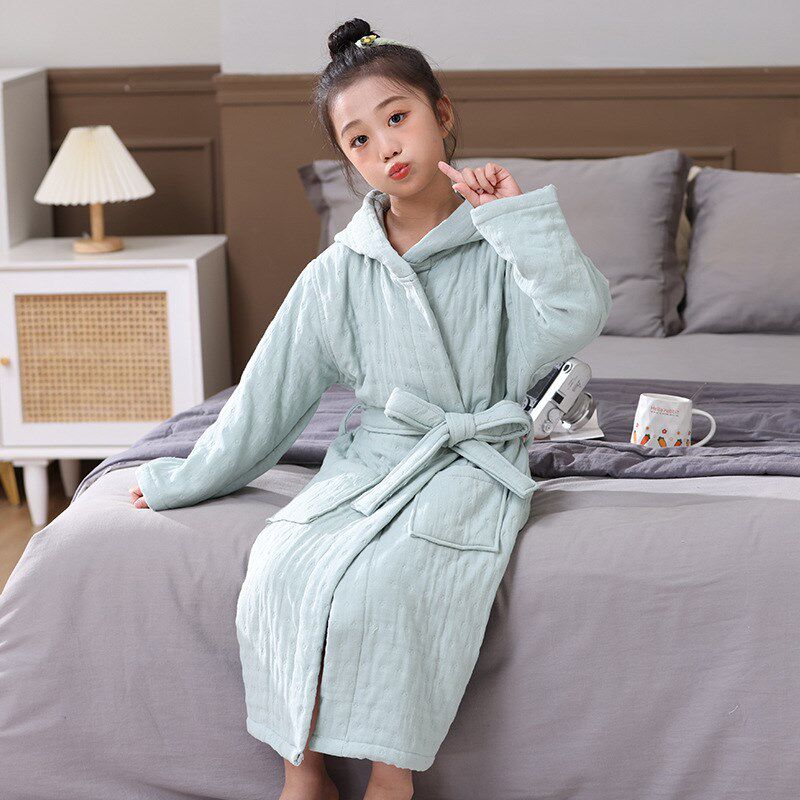 秋冬厚款纯棉儿童浴袍六层加厚浴衣家居服中大童女睡衣吸水睡袍