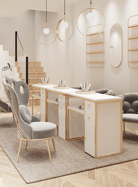 日式简约美甲桌椅套装单人双人多功能实木收纳美甲台双层网红组合