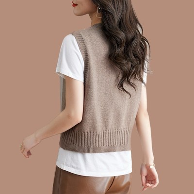 大码新款女装短款无袖针织背心女款鸡心领百搭叠穿马夹毛衣马甲春