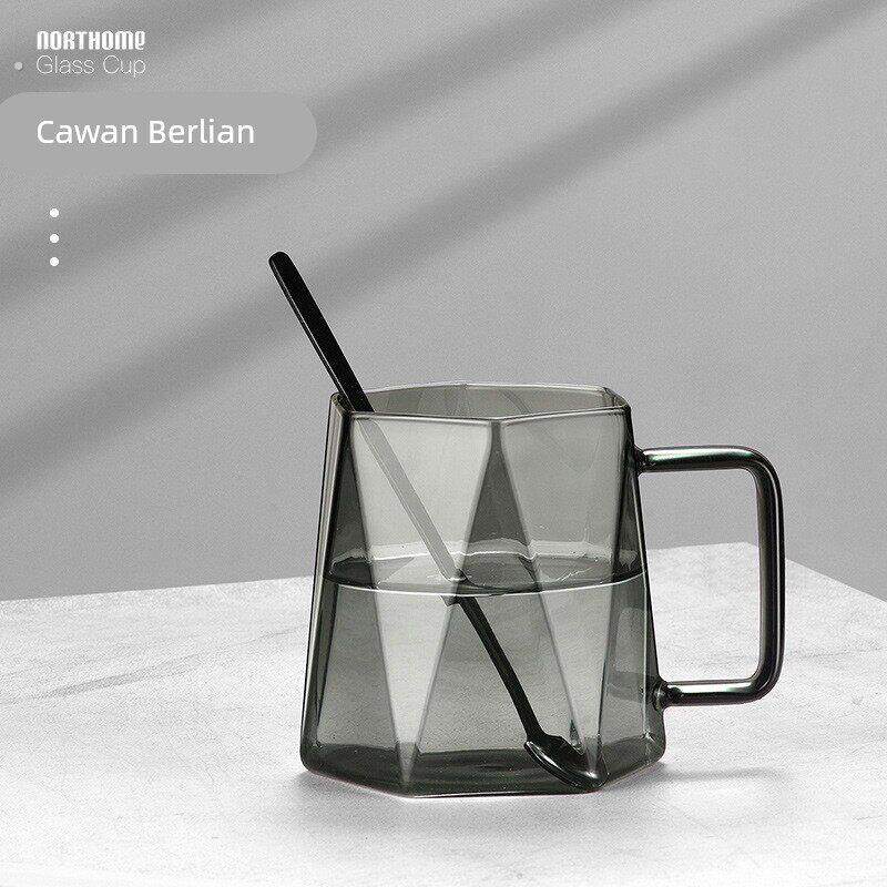 黑钻石玻璃杯马克杯咖啡杯子带勺把手耐高温轻奢玻璃办公室水杯