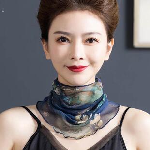 围脖夏季薄款女防晒桑蚕丝脖子假领子真丝围巾套头小丝巾护颈脖套