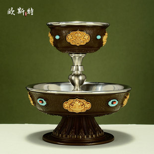 精工铜护法杯八吉祥雕花彩珠镶嵌供酒杯高脚供水杯圣水杯摆件