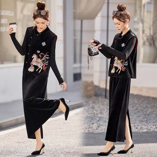 雅静靓衣黑色2026年春季长袖重工刺绣新中式马甲丝绒三件套裙女士