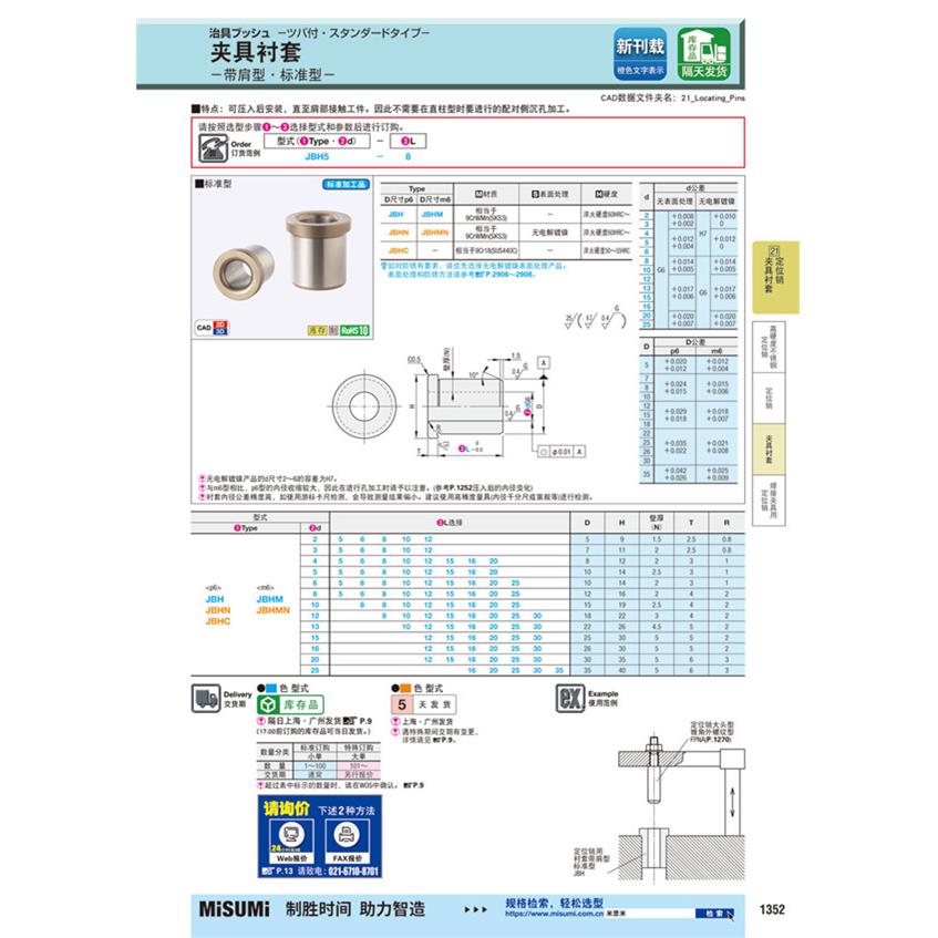 定位销用衬套JBH10-6 12/15/16/20/25带肩轴套JBHM10夹具导套